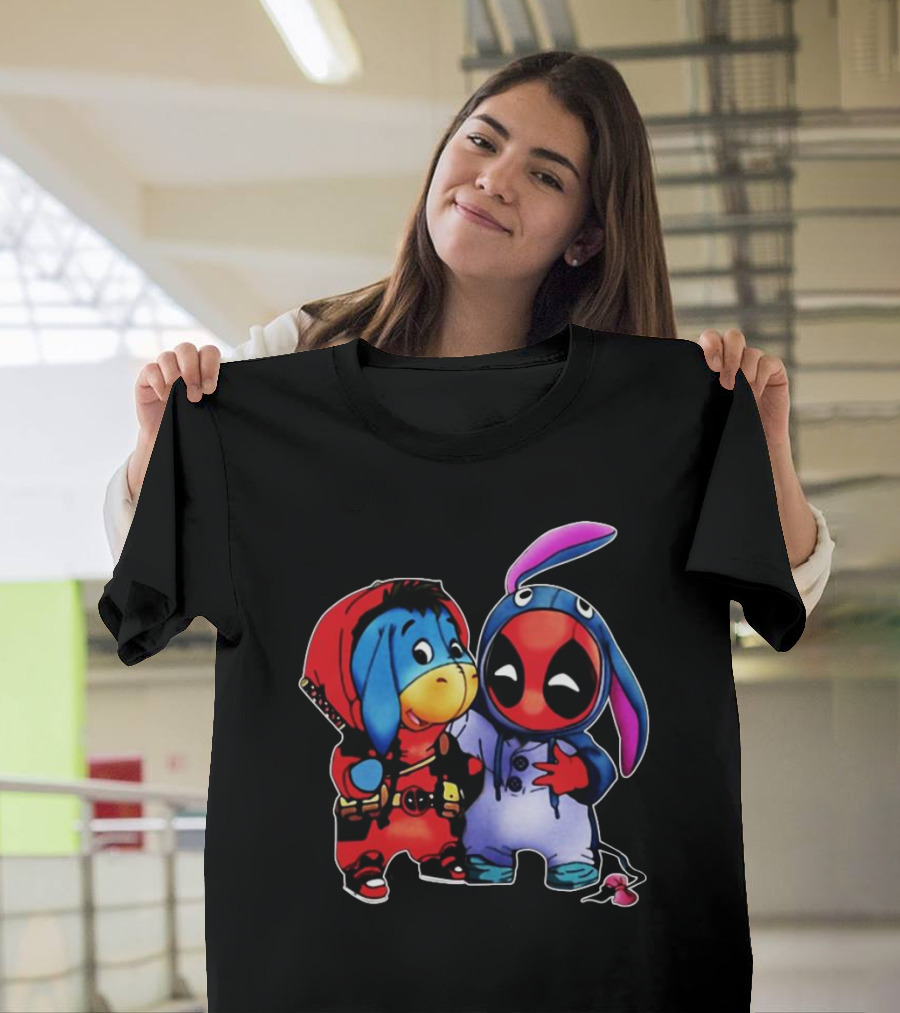 Baby Donkey And Deadpool In Cosplay Onesies With Bunny Ears And Red T-Shirt