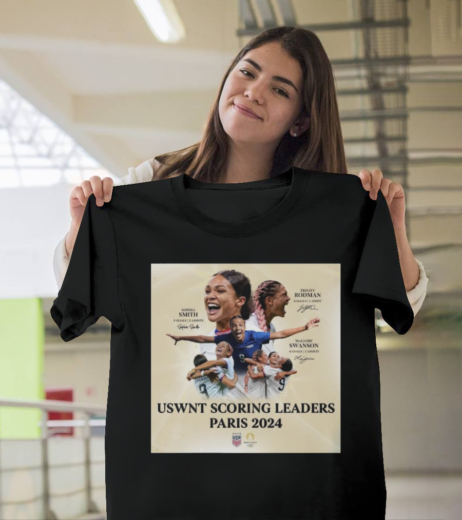 USWNT Scoring Leaders Paris 2024 Sophia Smith Trinity Rodman Mallory Swanson Signatures 7 Goals 3 Assists T-Shirt