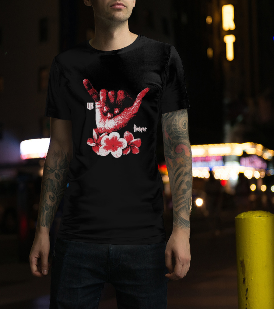DR Huskers Shaka Hand Red And White Flowers T-Shirt