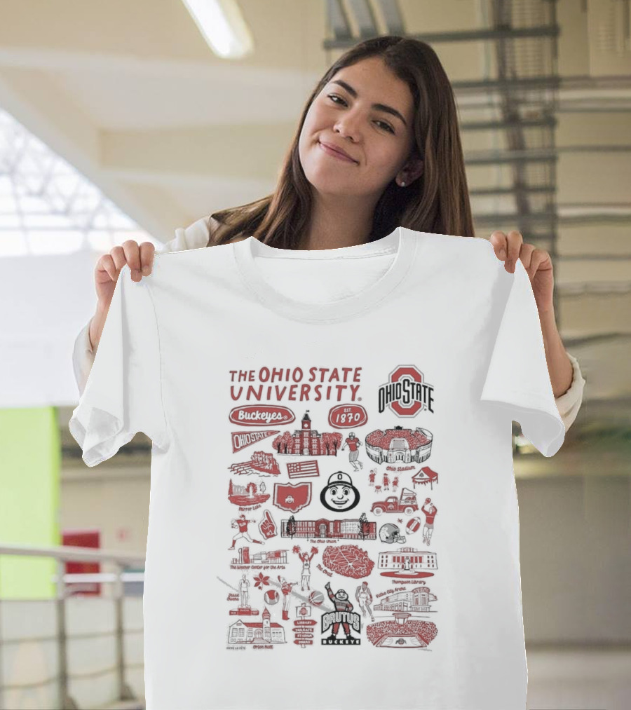 The Ohio State University Buckeyes Brutus Buckeye Est 1870 Scarlet and Gray Landmarks Montage T-Shirt