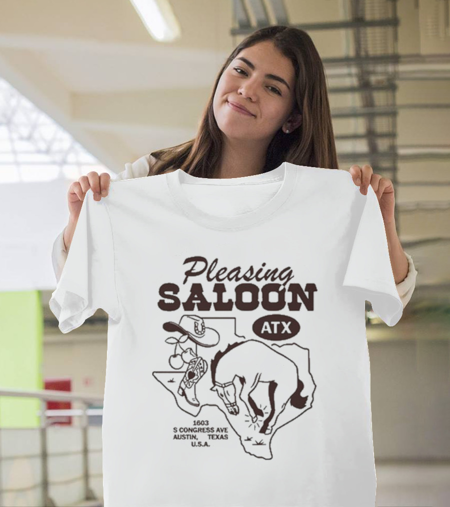 Pleasing Saloon ATX 1603 S Congress Ave Austin Texas USA Cowboy Horse Map T-Shirt