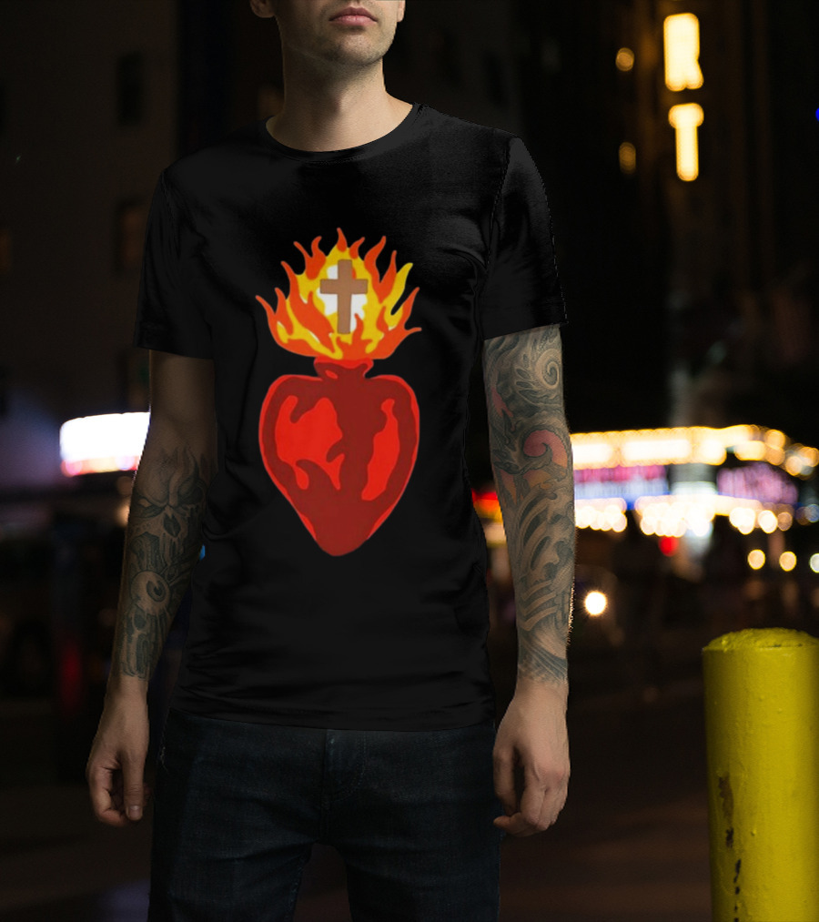 B Lake Sacred Heart Love Of God Cross Flame T-Shirt