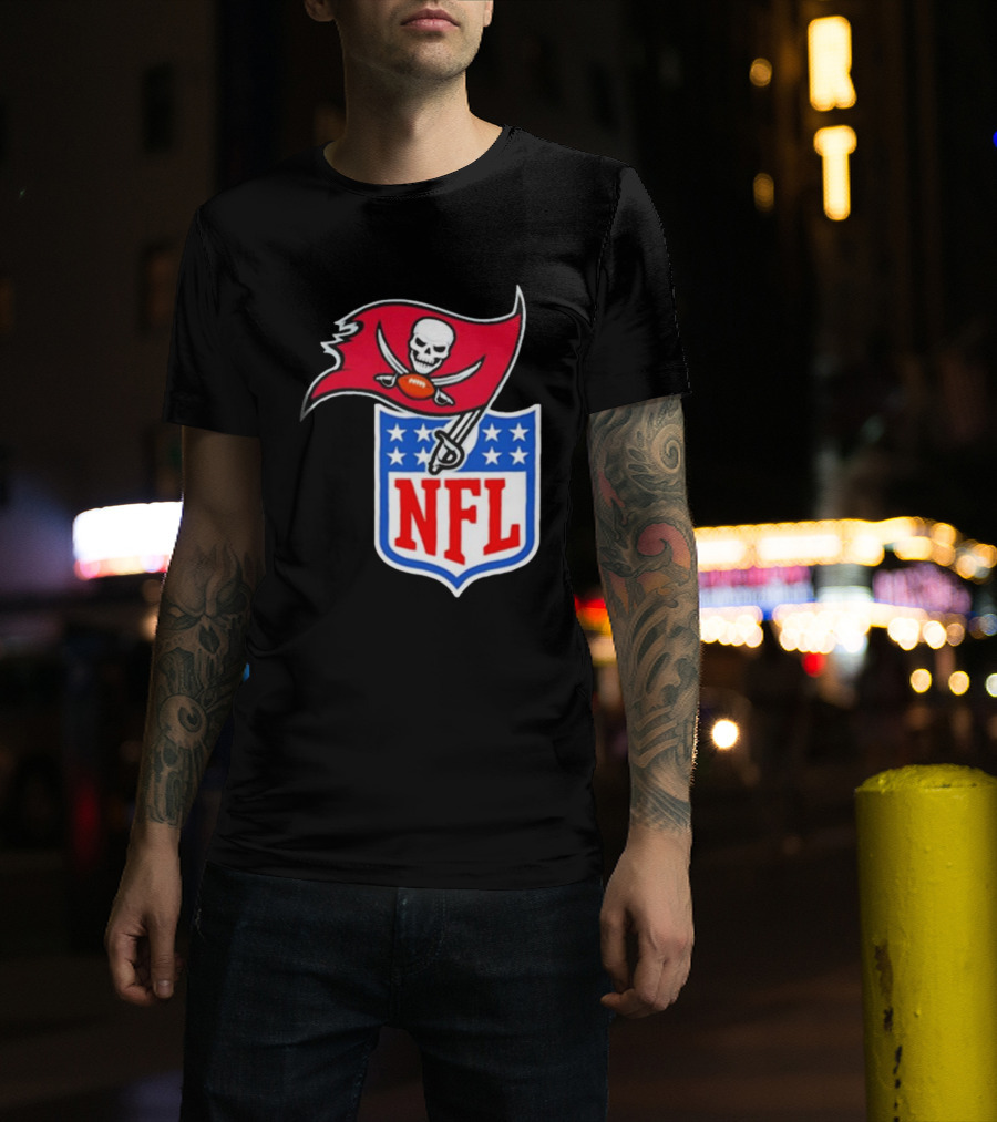 Tampa Bay Buccaneers NFL Collaboration Logo With Pirate Flag And Shield T-Shirt