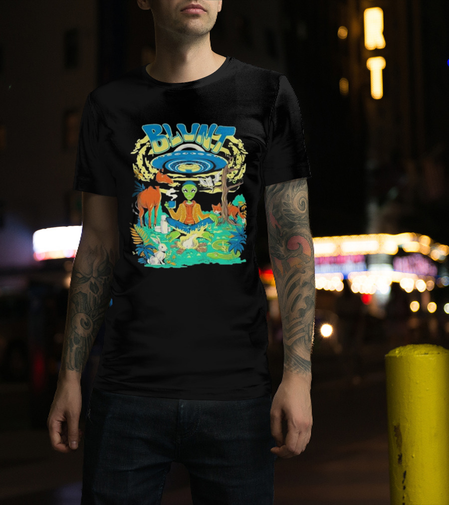 Blunt UFO Alien Smoking Forest Scene T-Shirt