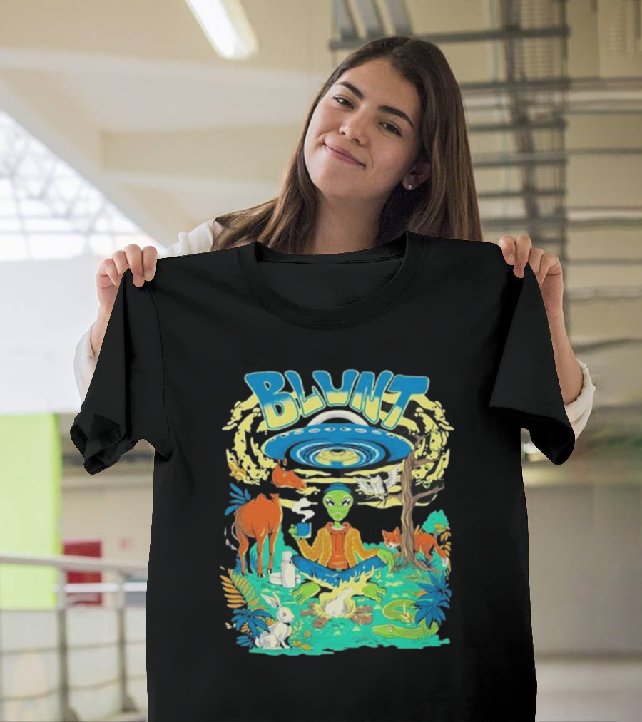 Blunt UFO Alien Smoking Forest Scene T-Shirt