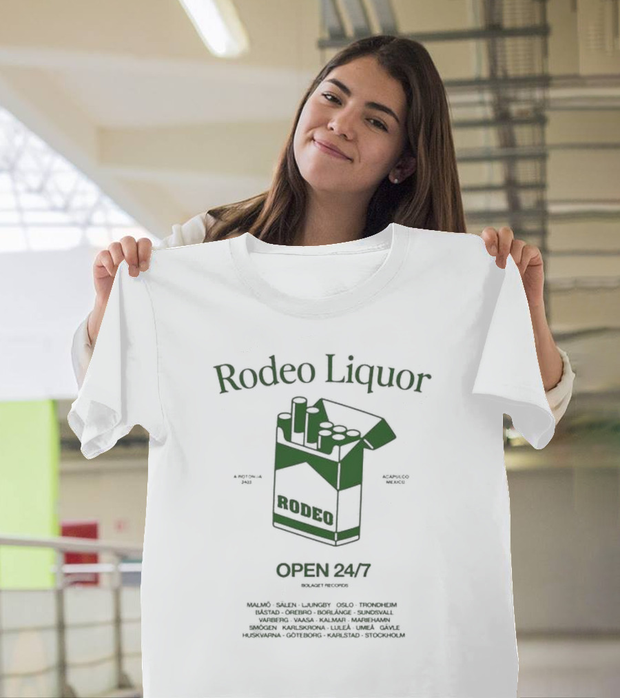 Rodeo Liquor Open 24/7 Stockholm Malmö Oslo Trondheim Mexico T-Shirt