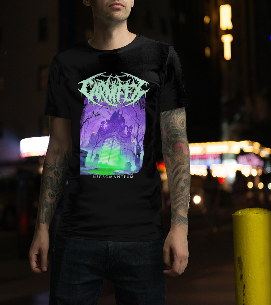 Carnifex Necromanteum Haunted Gothic Castle With Glowing Green And Purple Portal T-Shirt