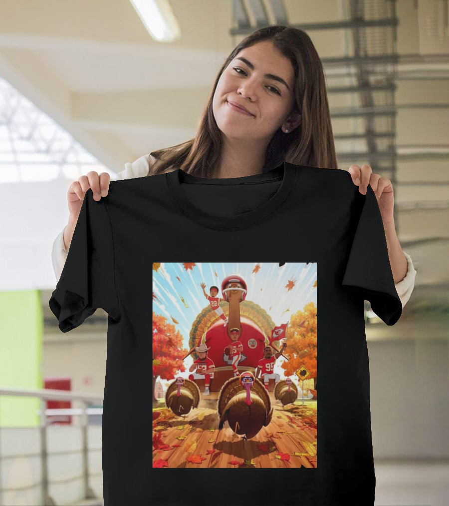 Kansas City Chiefs Kingdom Thanksgiving Celebration with Turkey Players and Fall Leaves T-Shirt