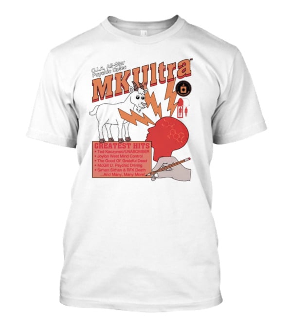 C.I.A All-Star Psychic Spies MKUltra Greatest Hits Ted Kaczynski UNABOMBER Joylon West Mind Control The Good Of Grateful Dead McGill U Psychic Driving Sirhan Sirhan RFK Death T-Shirt