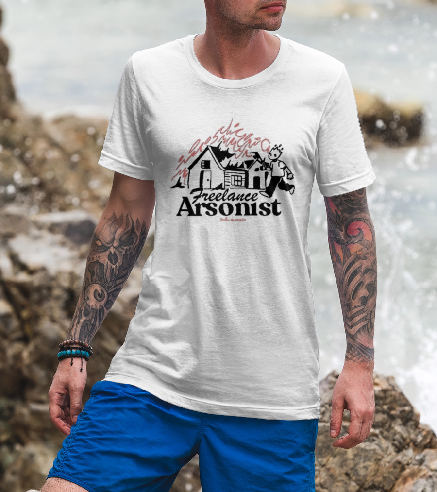 Freelance Arsonist Sobsannix Cartoon Running With Burning House T-Shirt
