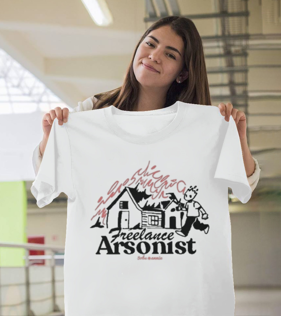 Freelance Arsonist Sobsannix Cartoon Running with Burning House T-Shirt