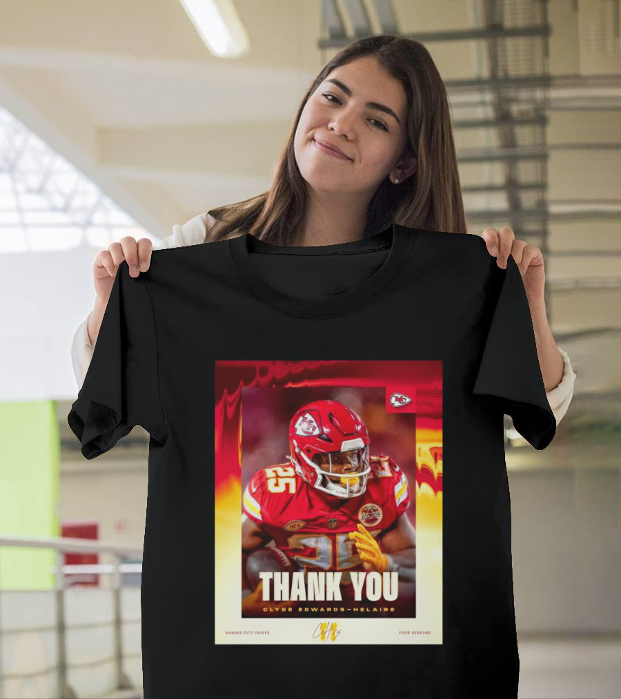Kansas City Chiefs Thank You Clyde Edwards-Helaire Four Seasons Signature T-Shirt