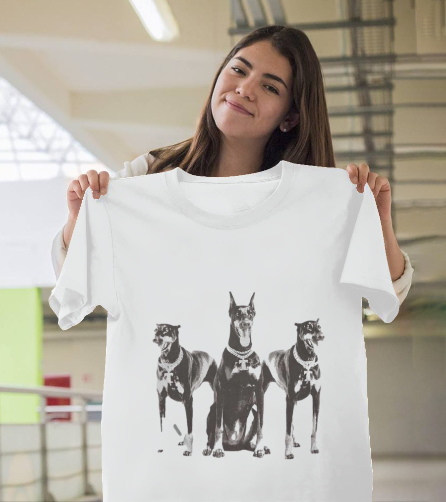 Doberman Dogs Trio In Black And White With Chain Collars T-Shirt