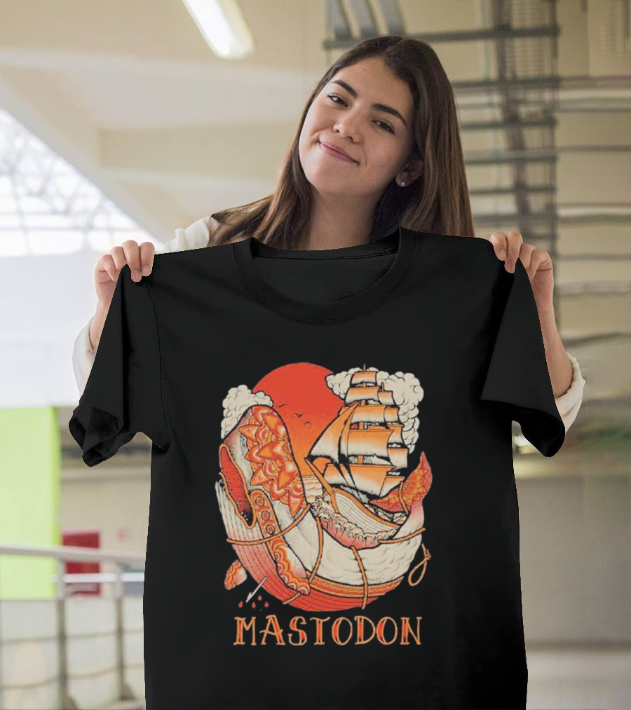 Mastodon Whale Tattoo Ship Against Red Sun T-Shirt