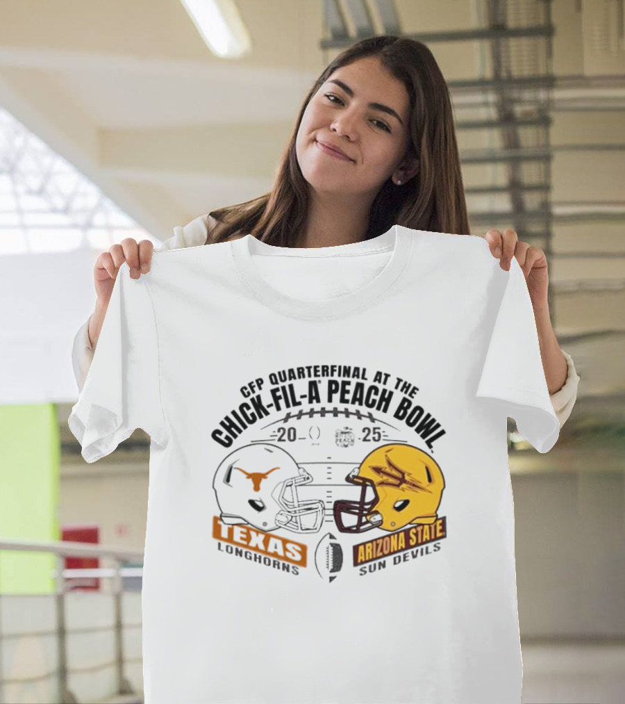 Texas Longhorns vs Arizona State Sun Devils 2025 CFP Quarterfinal at Chick-Fil-A Peach Bowl Helmet Matchup T-Shirt