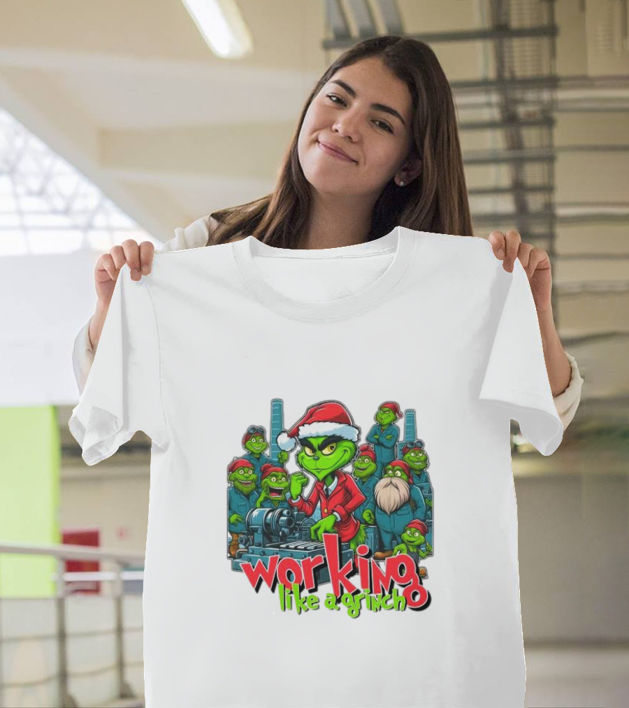 Working Like A Grinch Merry Christmas Santa Hat Green Characters Factory Scene T-Shirt