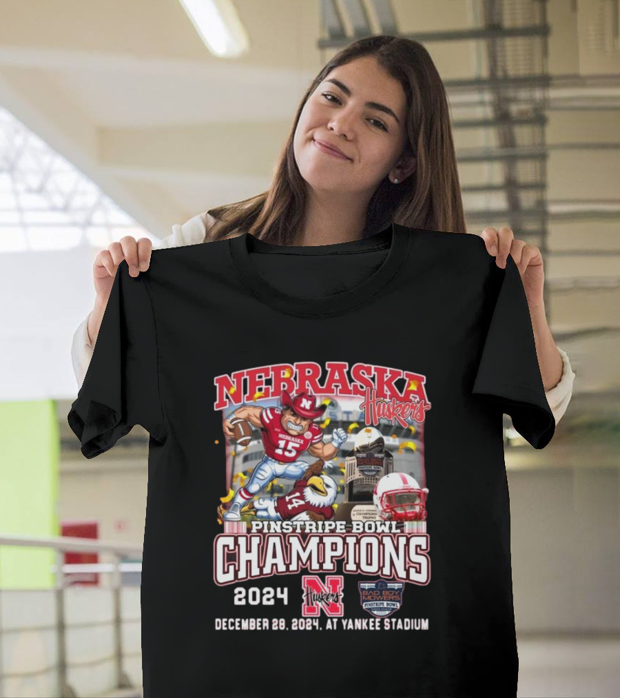 Nebraska Cornhuskers Pinstripe Bowl Champions 2024 December 28 at Yankee Stadium Mascot Football Player and Eagle T-Shirt