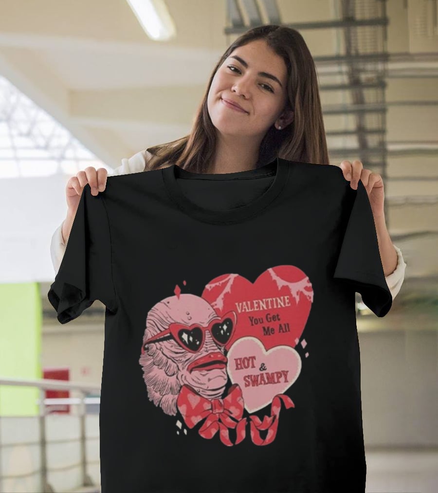 Valentine You Get Me All Hot And Swampy Creature With Heart Sunglasses And Bow Tie T-Shirt