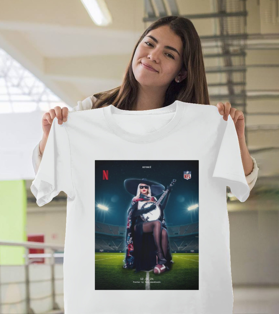 Beyoncé Halftime Show NFL 12.25.2024 Poster by AwesomeeGoods Netflix Banjo Stadium Image T-Shirt