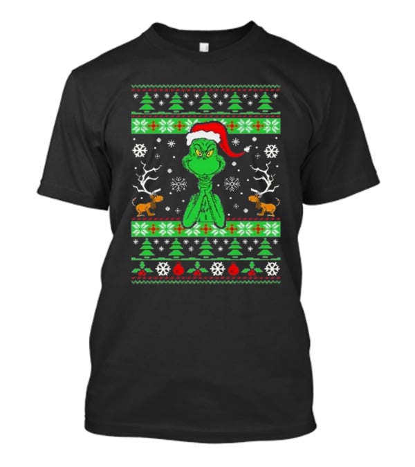 Grinch Santa Max Reindeer Trees Snowflakes Ugly Christmas T-Shirt