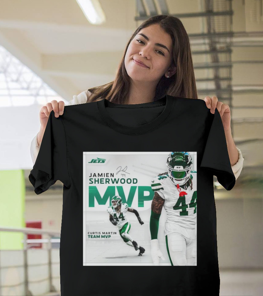 Jamien Sherwood New York Jets 2024 Curtis Martin Team MVP Signature 44 T-Shirt