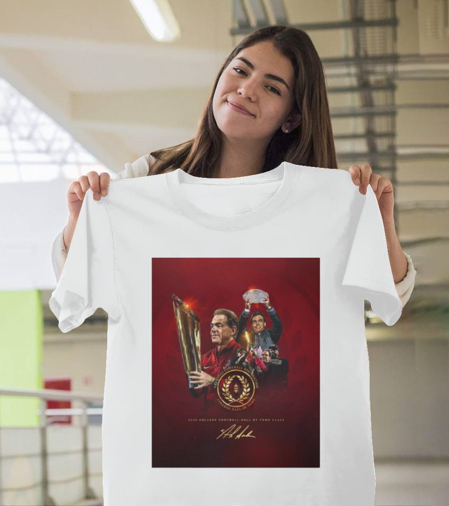 Alabama Crimson Tide Coach Nick Saban 2025 College Football Hall of Fame Class With Trophy and Signature T-Shirt