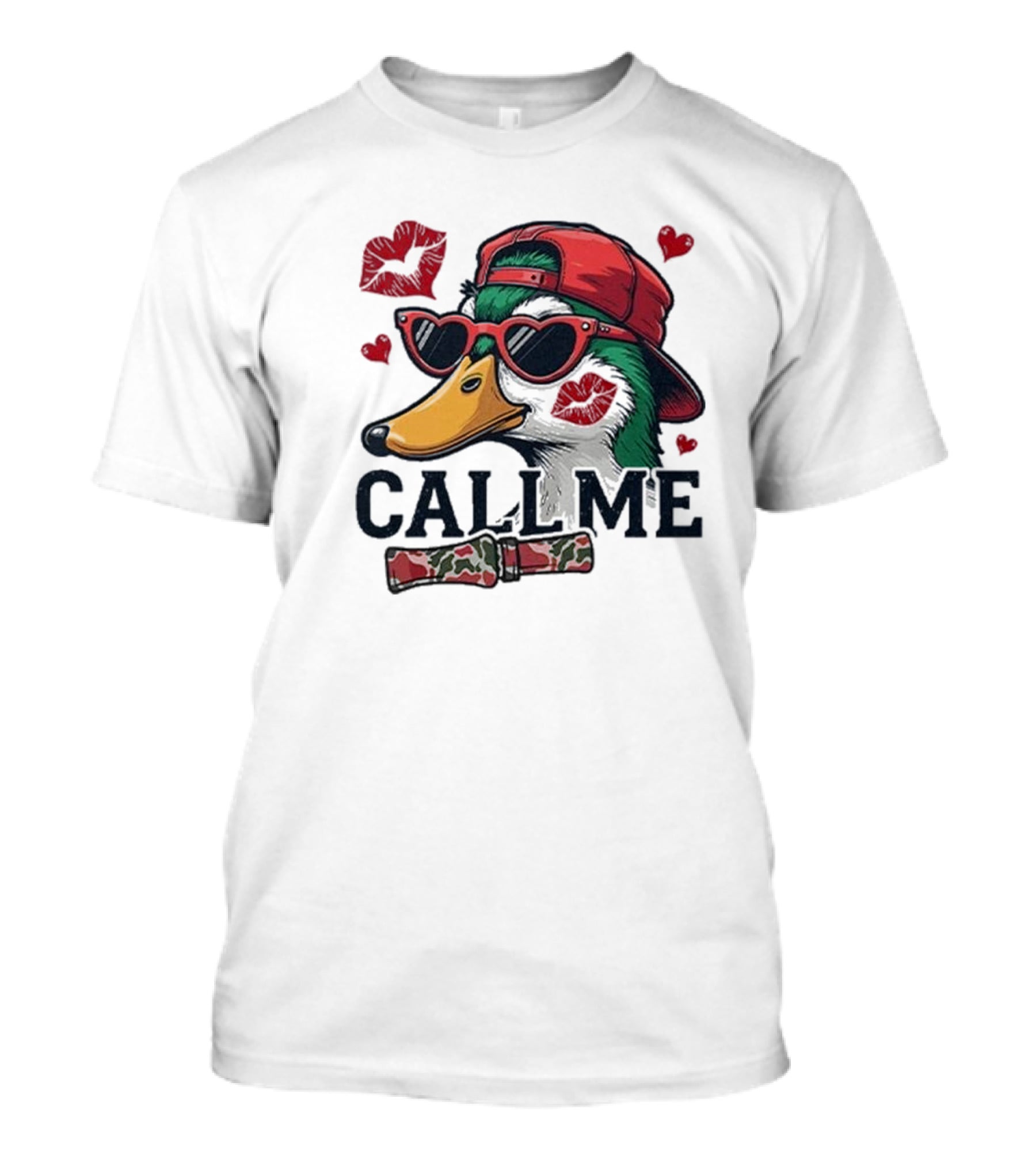 Call Me Valentine Mallard Duck In Sunglasses And Red Cap Surrounded By Hearts And Kisses T-Shirt