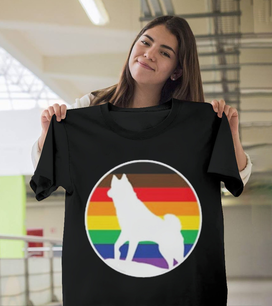Pride Huskies Silhouette on Rainbow Background T-Shirt