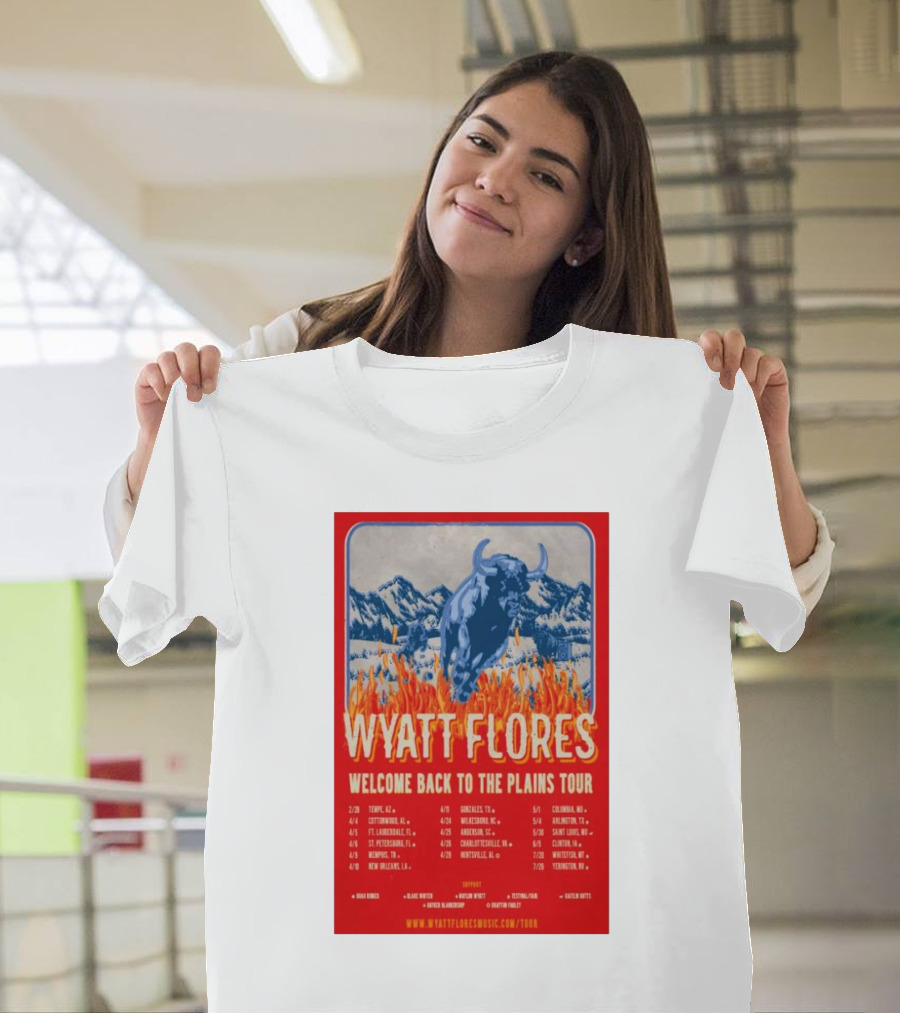 Wyatt Flores Welcome Back To The Plains Tour 2025 Blue Bull in Fiery Landscape with Tour Dates and Locations T-Shirt