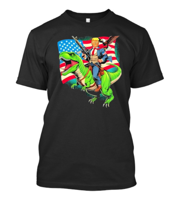 Bald Eagle US Flag Trump Dinosaur Riding Patriotic Scene T-Shirt