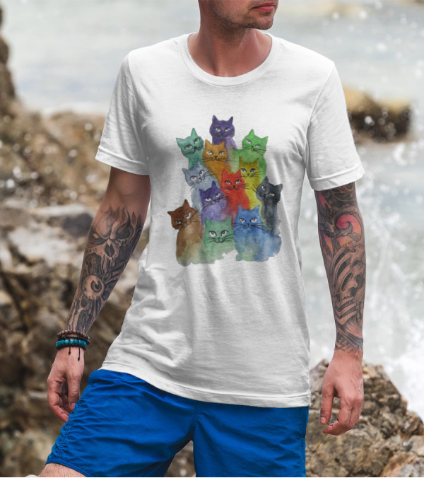 Cats All Around Colorful Watercolor Feline Faces T-Shirt