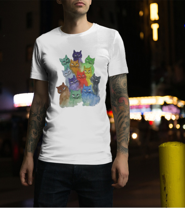 Cats All Around Colorful Watercolor Feline Faces T-Shirt