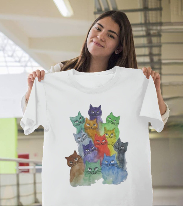 Cats All Around Colorful Watercolor Feline Faces T-Shirt