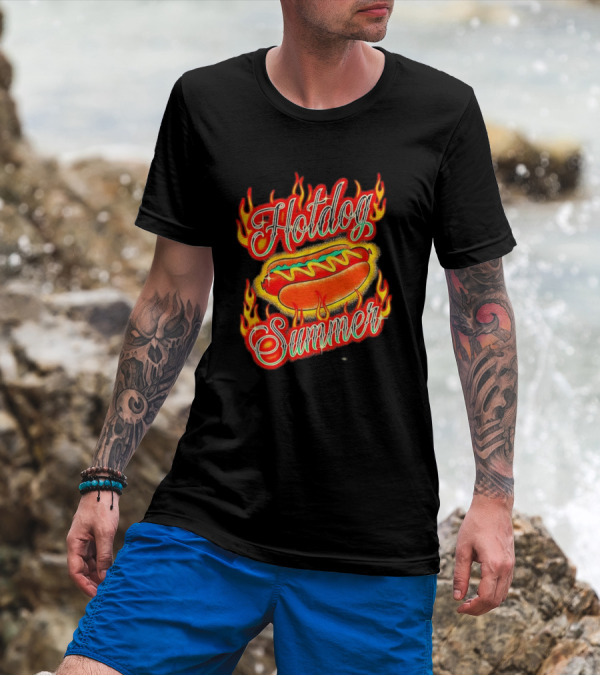 Hotdog Summer Flaming Hotdog Graphic With Fiery Flames T-Shirt