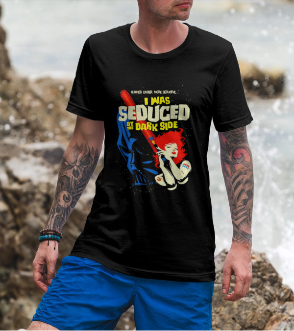 I Was Seduced By The Dark Side Cartoon Darth Vader And Redhead Woman T-Shirt