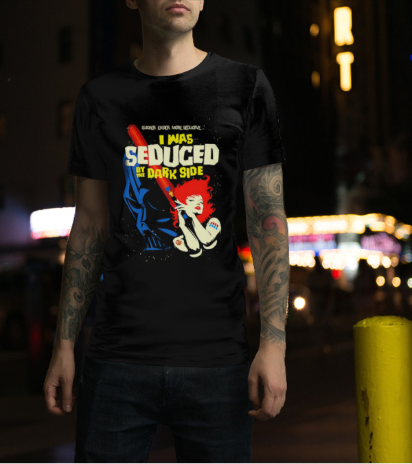I Was Seduced By The Dark Side Cartoon Darth Vader And Redhead Woman T-Shirt