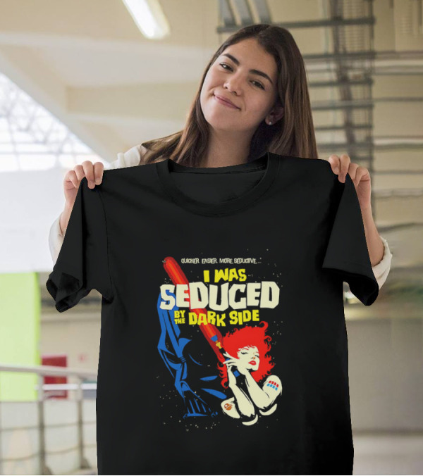 I Was Seduced By The Dark Side Cartoon Darth Vader And Redhead Woman T-Shirt