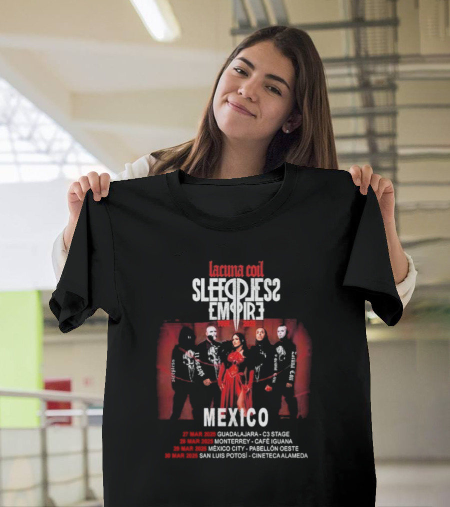 Lacuna Coil Sleepless Empire Tour 2025 Mexico Guadalajara Monterrey Dates T-Shirt