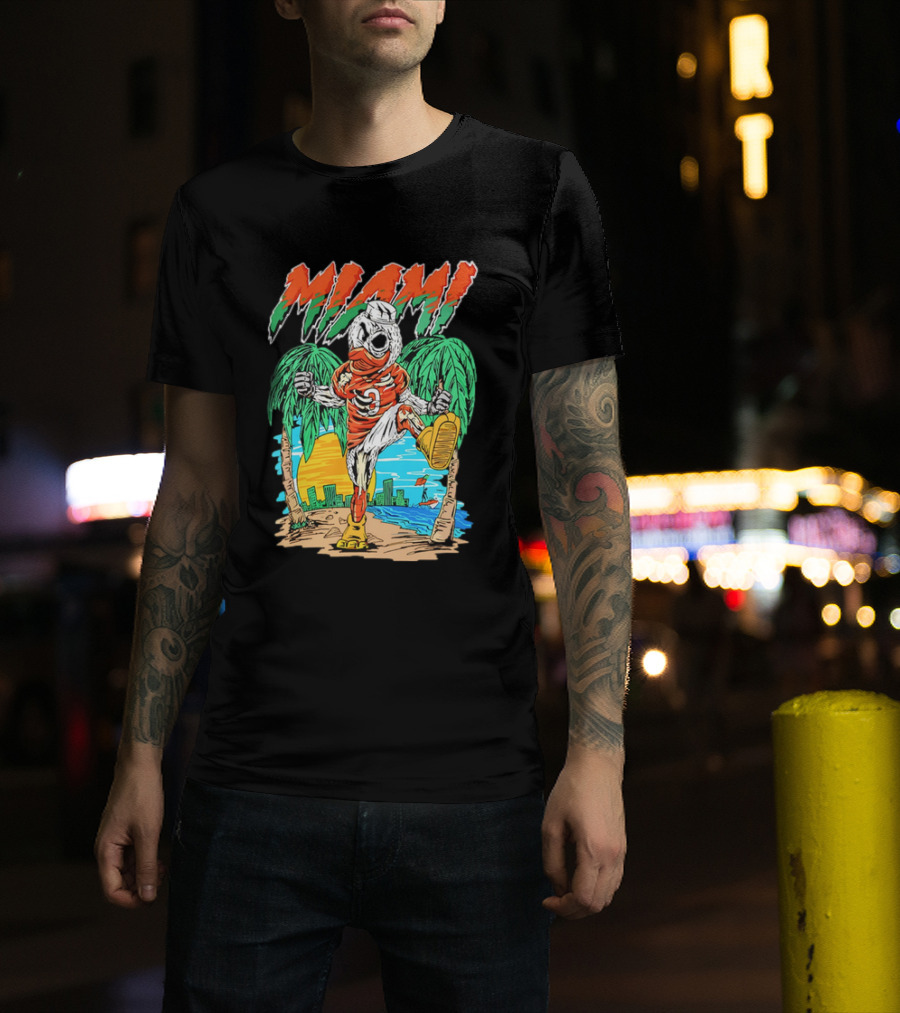 Miami Hurricanes Sebastian The Ibis Palm Trees Cityscape Sunrise T-Shirt