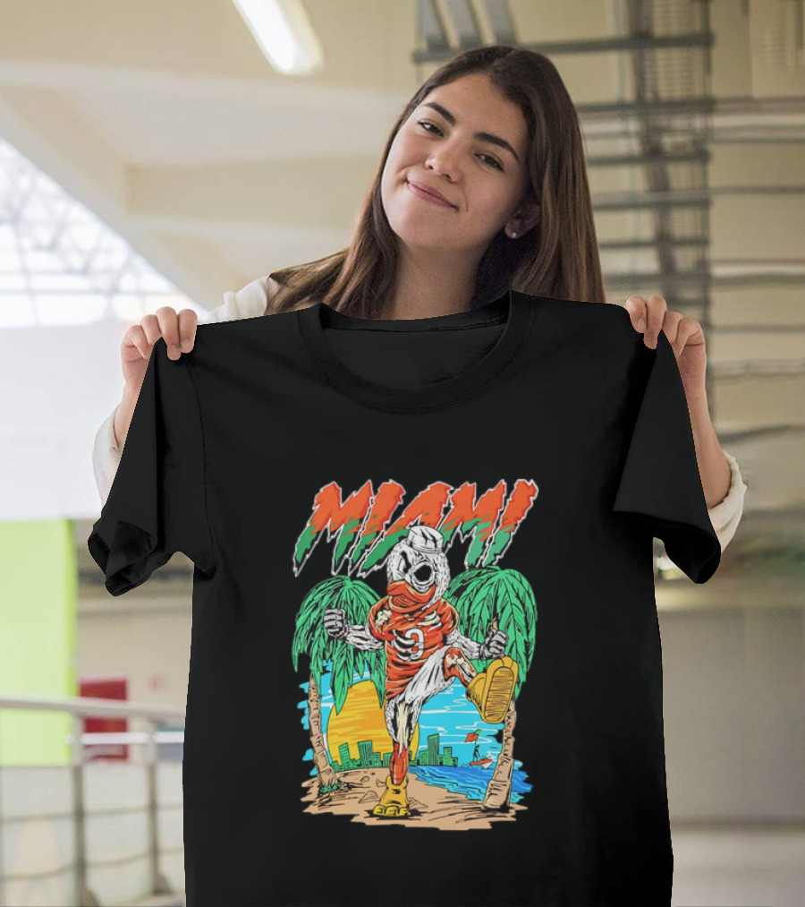 Miami Hurricanes Sebastian the Ibis Palm Trees Cityscape Sunrise T-Shirt