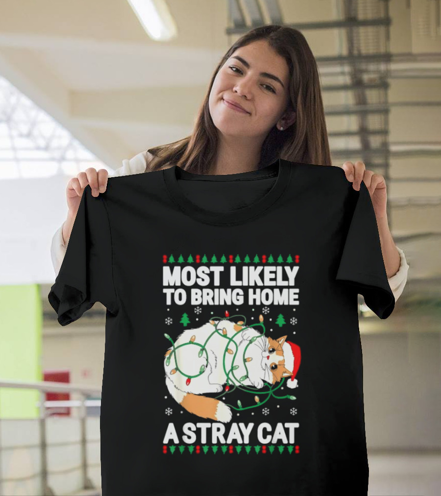 Most Likely To Bring Home A Stray Cat Christmas Lights Santa Hat Festive Holiday Cat T-Shirt