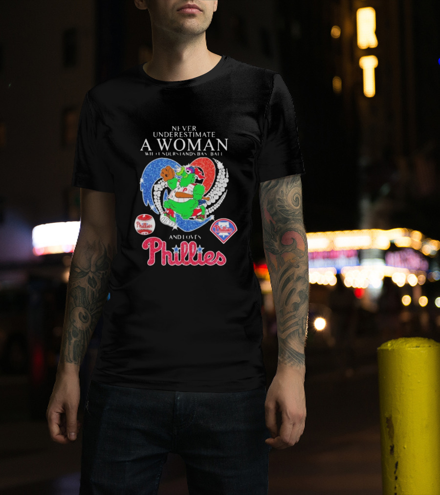Never Underestimate A Woman Who Understands Baseball And Loves Phillies Mascot Diamond Heart T-Shirt