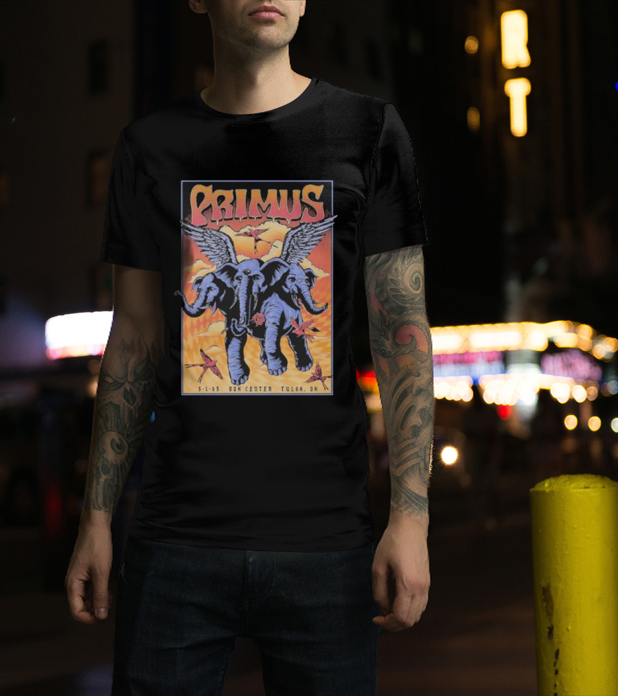 Primus Event Show F4D Studios May 1 2025 Tulsa BOK Center Winged Blue Elephants And Orange Sky Art T-Shirt
