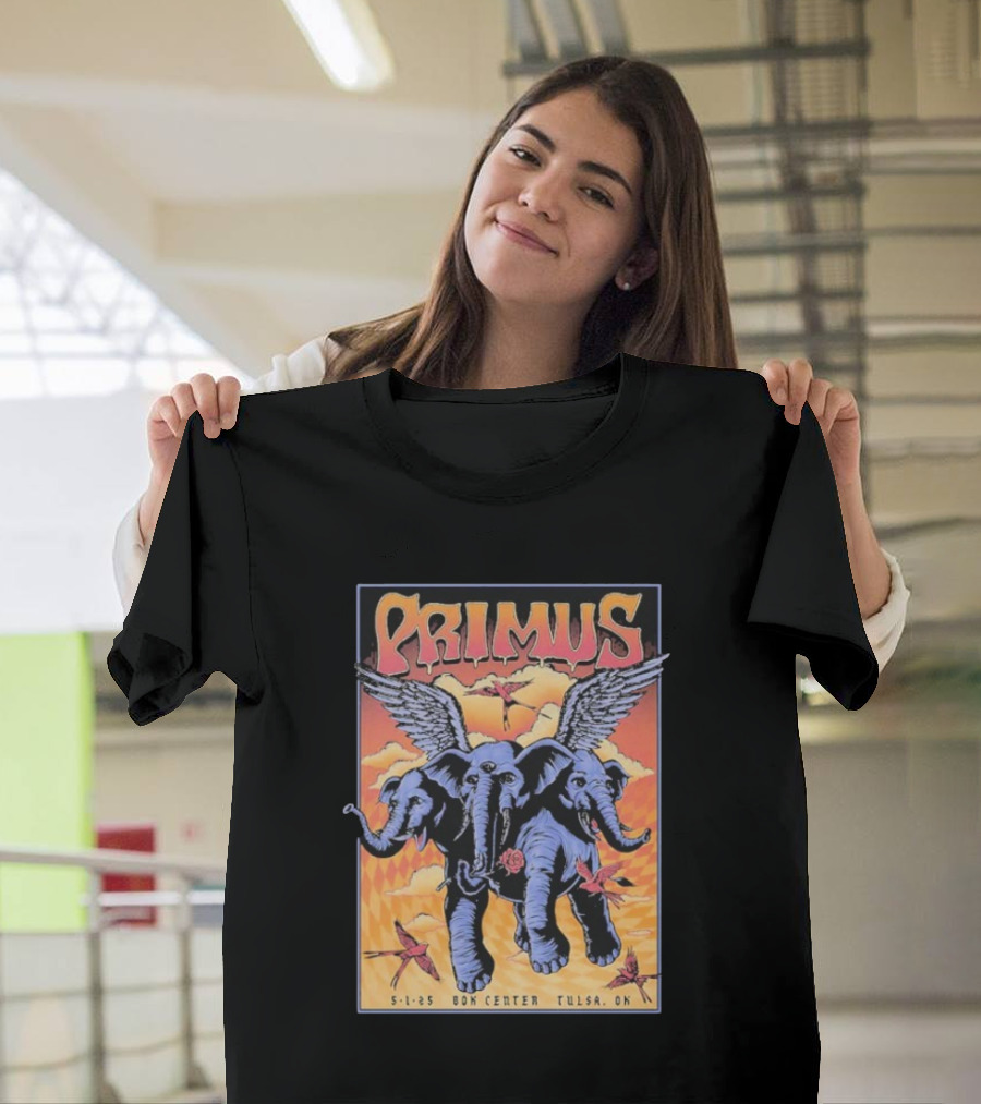 Primus Event Show F4D Studios May 1 2025 Tulsa BOK Center Winged Blue Elephants And Orange Sky Art T-Shirt