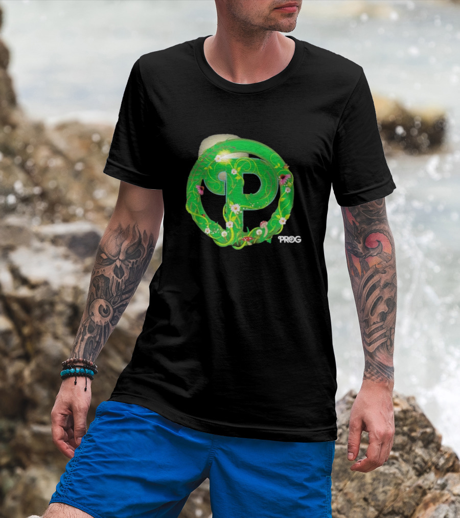 Prog Green Nature-Inspired Letter P With Flowers And Mushrooms T-Shirt