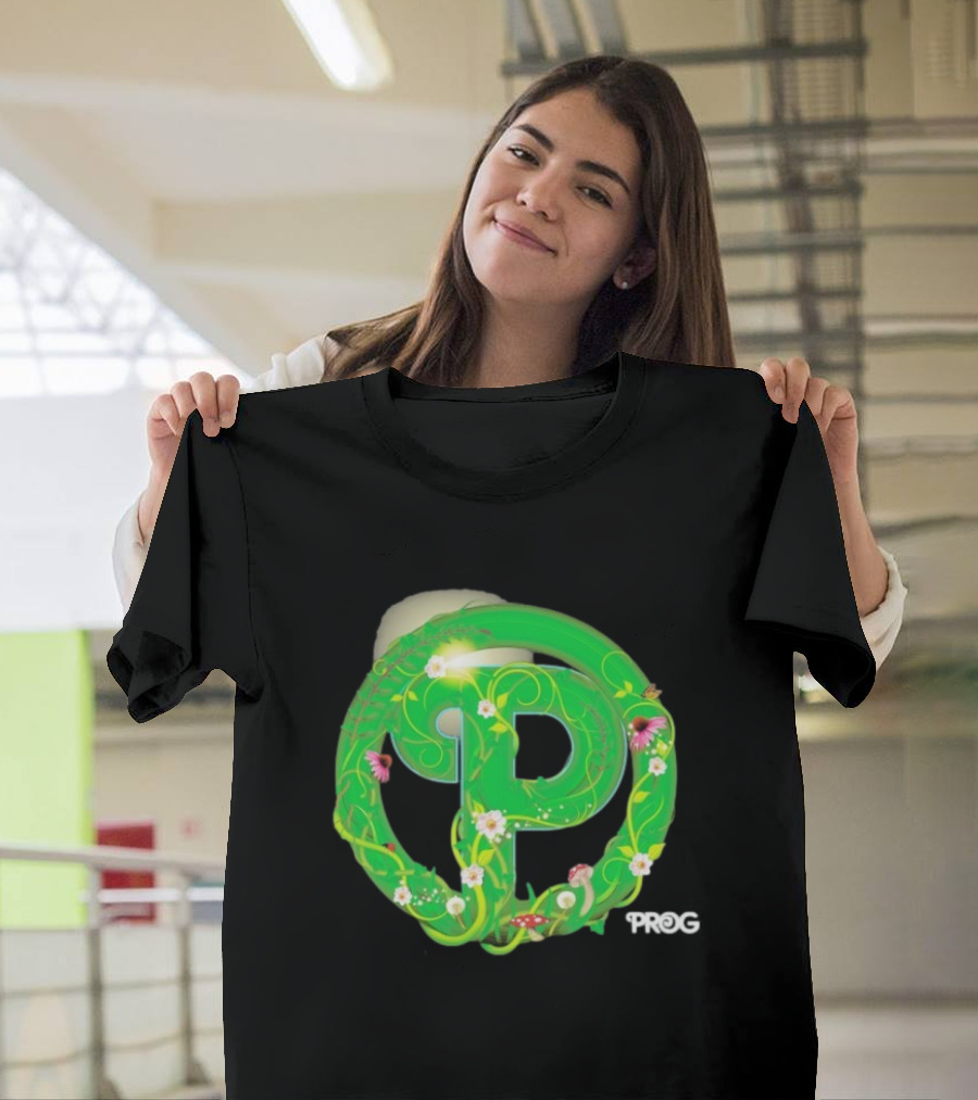 Prog Green Nature-Inspired Letter P With Flowers And Mushrooms T-Shirt