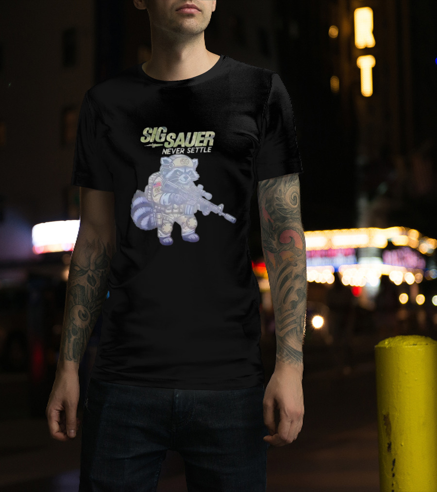 Raccoon Soldier Sig Sauer Never Settle Tactical Gear T-Shirt
