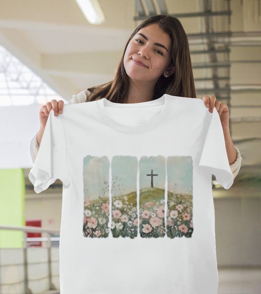 He Is Risen Christian Wildflower Cross Easter Women Girls T-Shirt