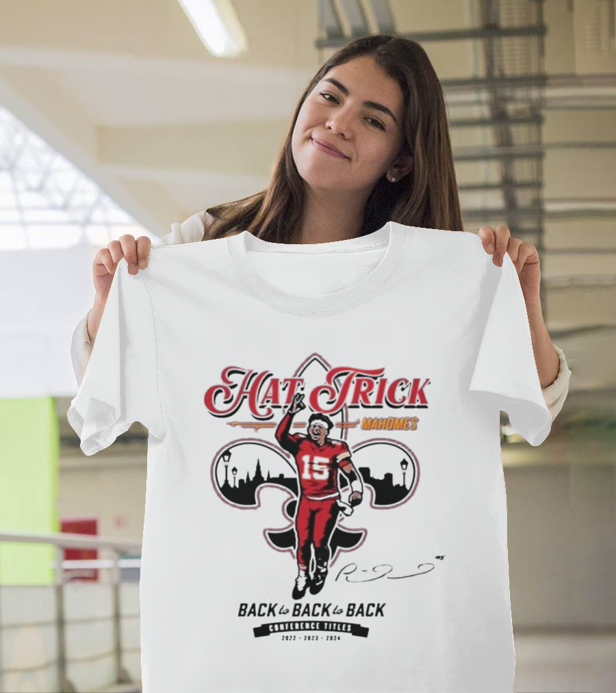 Patrick Mahomes KC Chiefs Hat Trick Back To Back Conference Titles 2022–2024 T-Shirt
