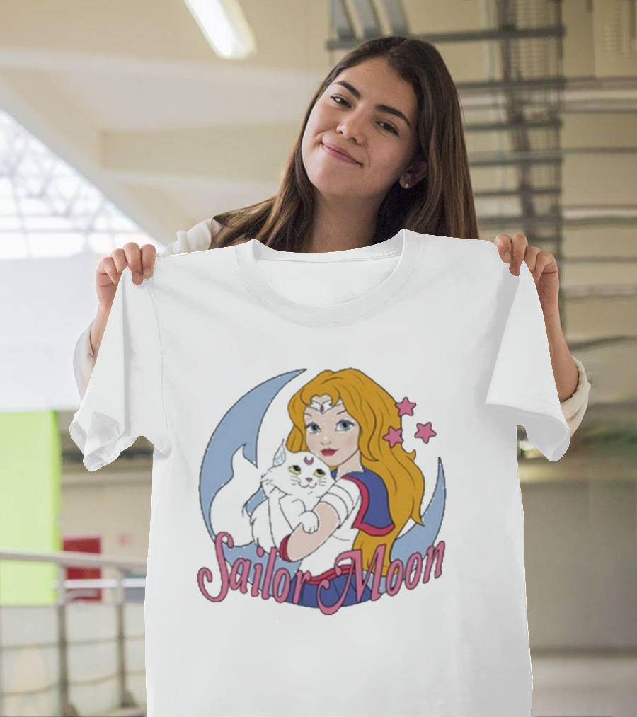 Sailor Moon Holding White Cat with Stars T-Shirt